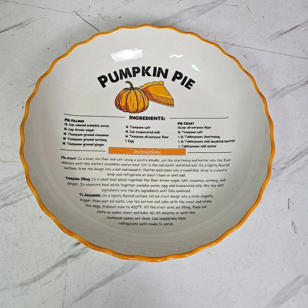 Ceramic Pumpkin Pie Recipe Plate Scalloped Orange Rim 10.5